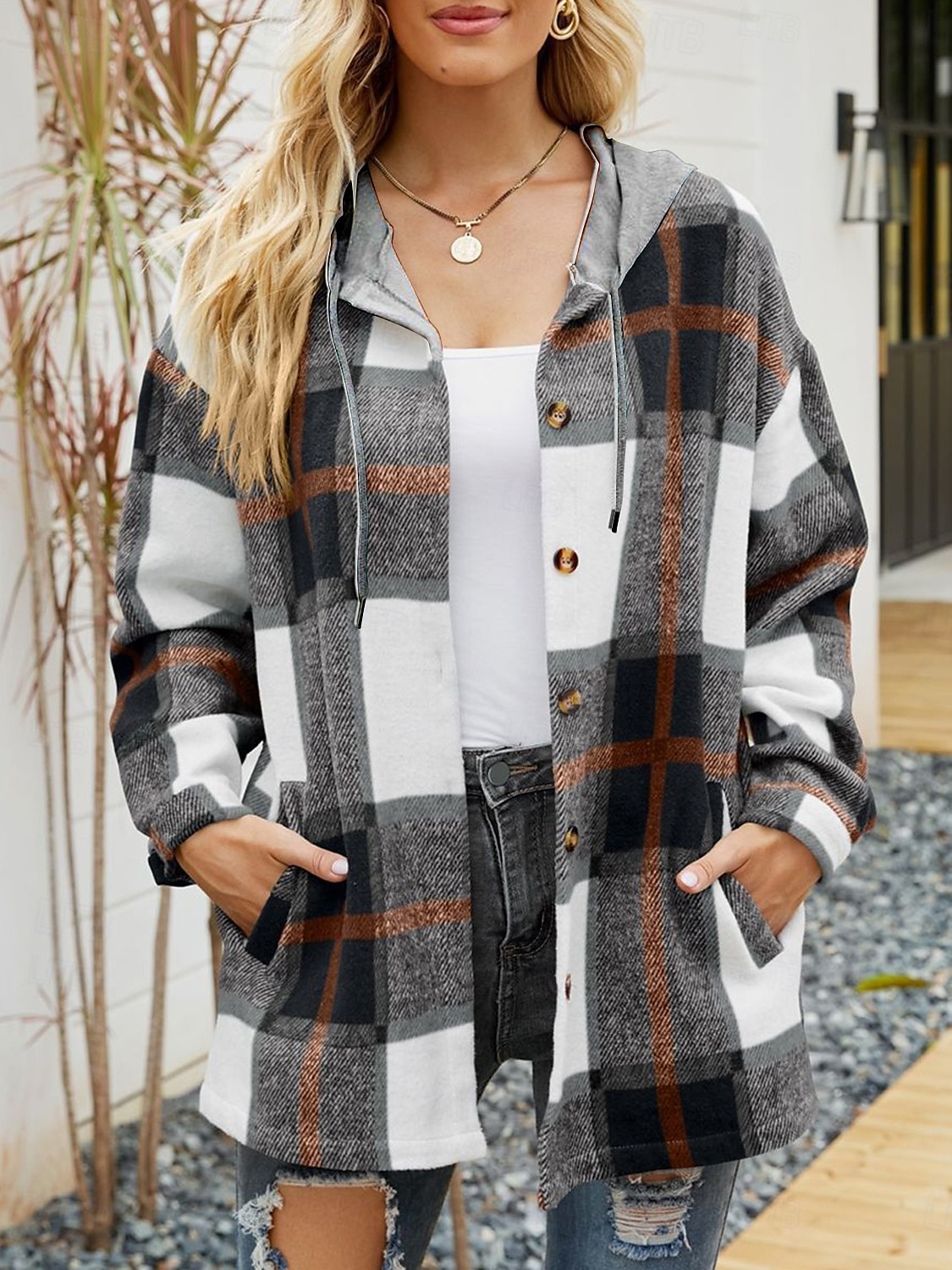 Damen Freizeitjacke Alltagskleidung Taste Plaid Lässig / Alltäglich Vintage Lockere Passform Oberbekleidung Langarm Sommer Weinrot S 2025 - $43.99 –P6