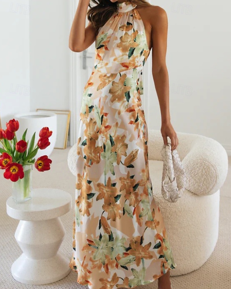 Women's Long Dress Maxi Dress Floral Dress Halter Neck Dress Fashion Modern Vacation Going out Weekend Regular Fit Flower Sleeveless Halter Neck Yellow Pink Green Summer 2026 - $27.99 –P2