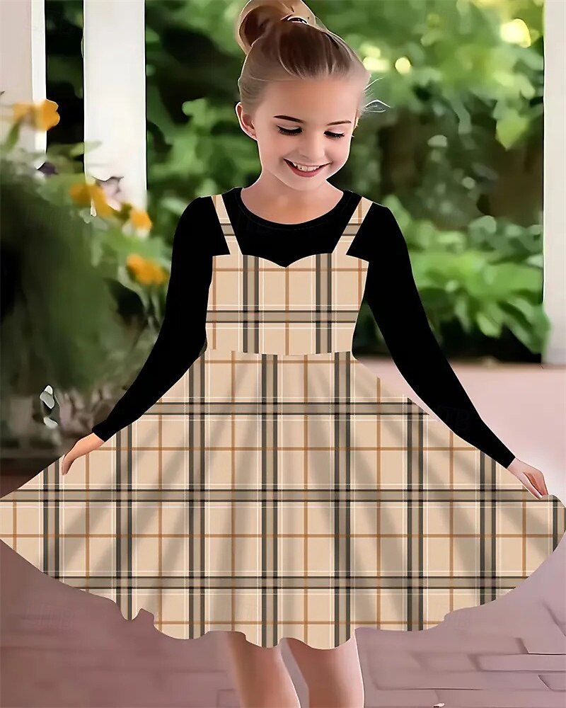 Mädchen' 3D Karomuster Kleid Langarm Sommer Frühling Urlaub Täglich Ferien Prinzessin Schön Süß Kinder 4-12 Jahre Freizeitkleid A Linie Kleid Knielang Normale Passform 2025 - $16.99 –P1
