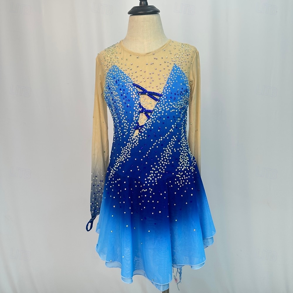 Figure Skating Dress Women's Girls' Ice Skating Dress Outfits Blue+Light Blue Patchwork Asymmetric Hem Mesh Spandex High Elasticity Competition Skating Wear Handmade Crystal / Rhinestone Long Sleeve 2025 - $124.99 –P3