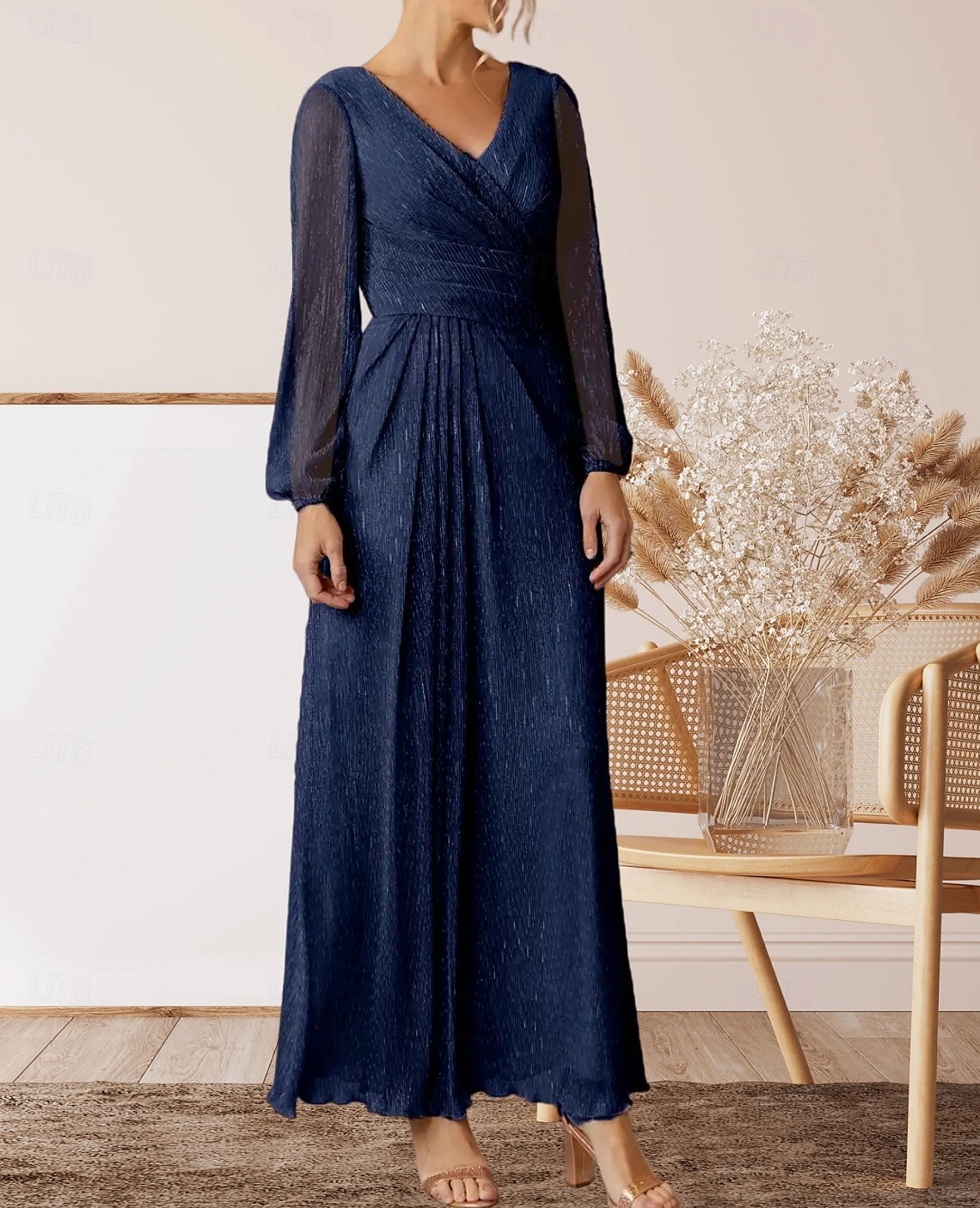 Robe Mère de la Mariée A-Ligne Invité de Mariage Élégante Col V Longueur de Sol Chiffon Manches Longues avec Plis Fronces de 2025 ? $160.99 –P1