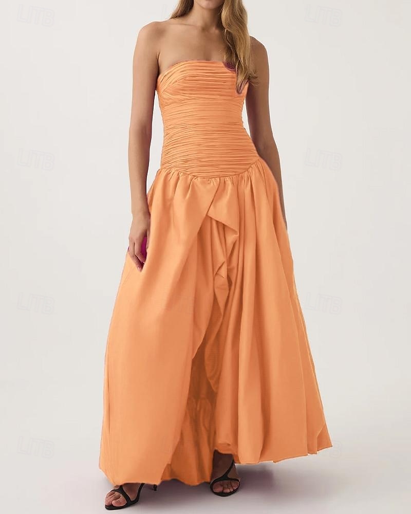 Pinkes A-Linien-Abendkleid, Bubble-Kleid, formelles, halbformelles Hochzeitskleid, bodenlang, ärmellos, trägerlos, Taft mit gerüschtem Schlitz, 2025 2025 - €136.99 –P5