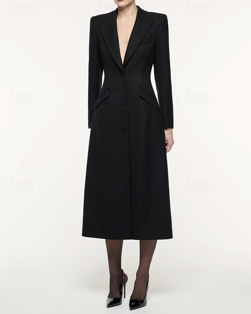 Robe Blazer A-Line Mère de la Mariée Robe Tuxedo Élégante Simple Minimaliste Formelle Col en V Taille Cintrée Longue au Sol Crêpe Élastique Manches Longues Poches à Rabat avec Boutons Recouverts de 2025 ? $149.99 –P3