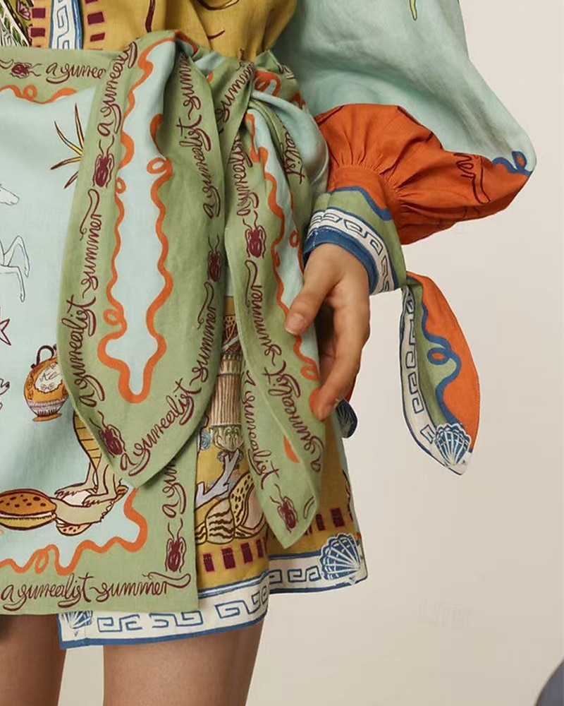 Femmes Mini Robe Robes en coton et lin Robe Décontractée Mode Extérieur Soirée Fête Coupe régulière Animal manche longue Col de chemise Vert Été de 2025 ? $46.99 –P5