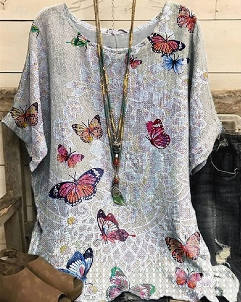 Dámské Košile Tričko Tričko Top Tisk Elegantní Módní Moderní Krátký rukáv Tričkový Běžné topy Denní Víkend Námořnická modř Vodní modrá Fialová Tmavě šedá Šedá Léto 2025 - $16.99 –P2