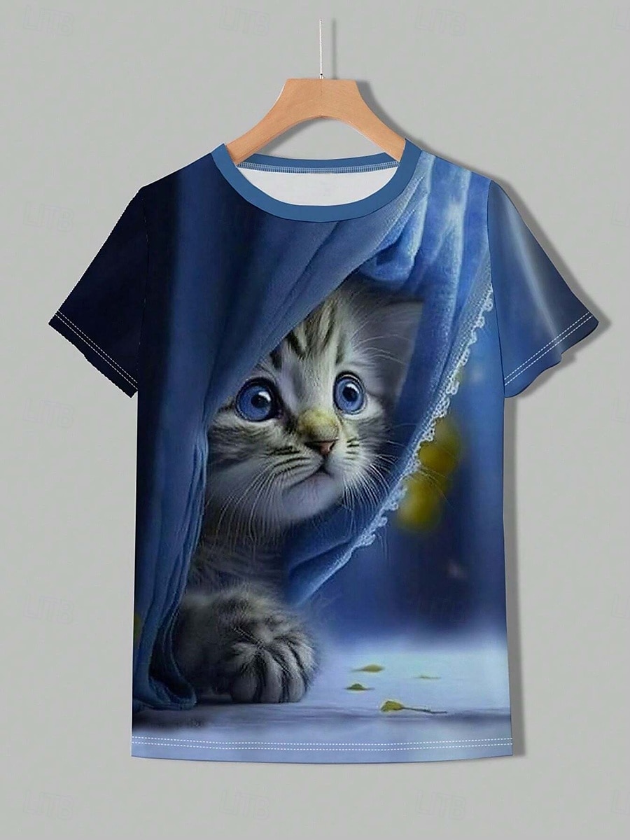 Dame T skjorte Grafisk Dyr Katt Årgang Stilfull Klassisk Kortermet Crew-hals Vanlige topper Daglig Helg Trykt mønster Blå Lilla Grønn Sommer Vår 2025 - $19.99 –P2