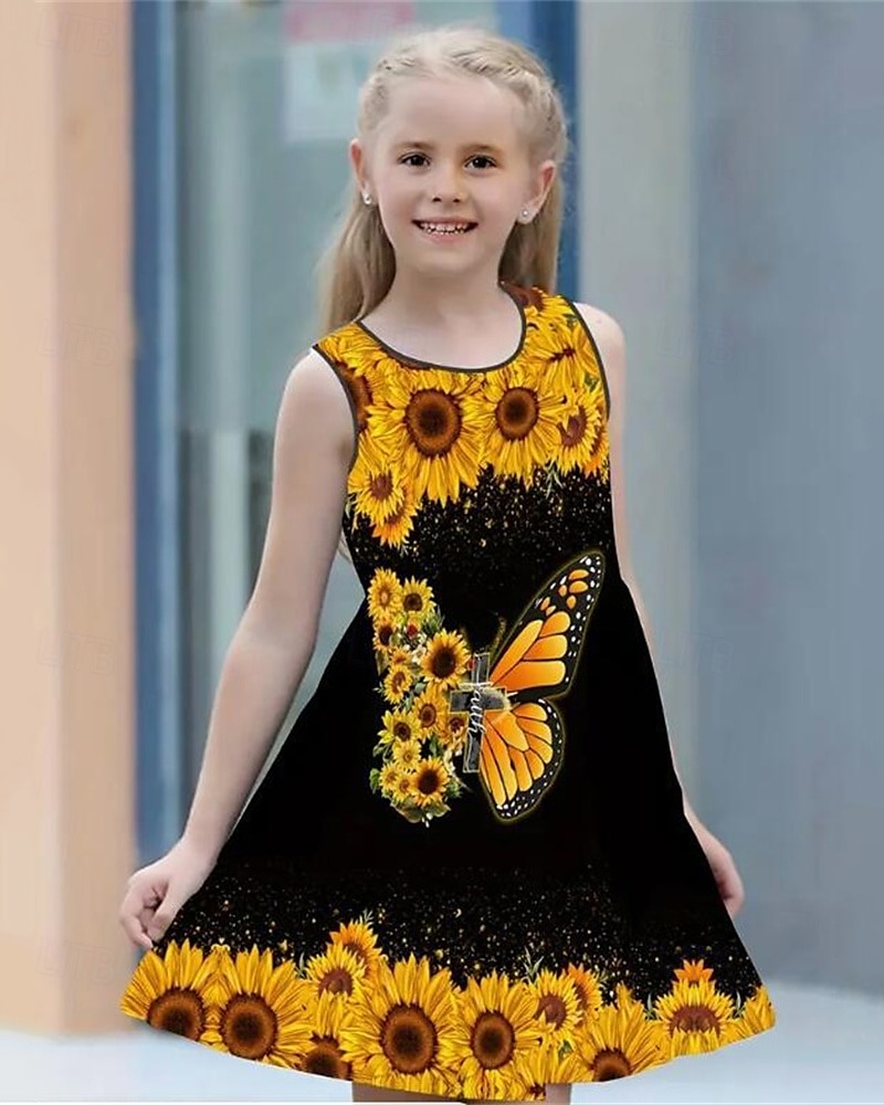 Girls' 3D Butterfly Sunflower Dress Sleeveless Summer Spring Vacation Daily Holiday Princess Beautiful Sweet Kids 4-12 Years Casual Dress A Line Dress Knee-length Regular Fit 2025 - $13.99 –P1
