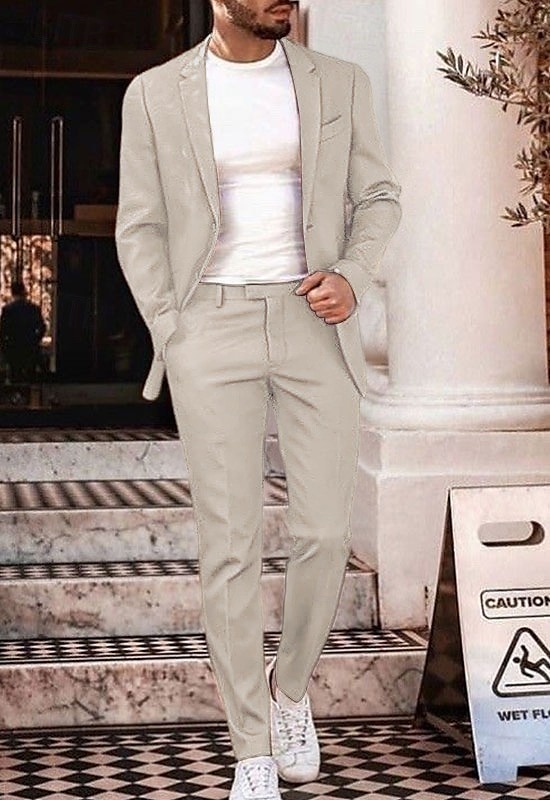 Uomo Matrimonio Spiaggia Completi in Lino Marrone Beige Tinta unita Vestibilità su misura 2 pezzi Monopetto Due Bottoni del 2025 a $112.99 –P5