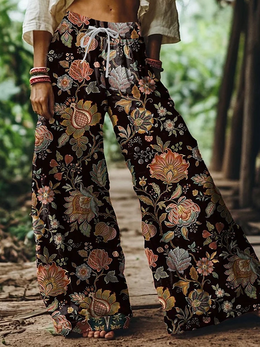 Damen Boho Weite Bein Chinos Baggy-Hose Urlaub Vintage Mode Voller Länge Hohe Taille Floral Grafik Paisley Druck Weich Atmungsaktiv Mikrodehnbar Formal Urlaub Straße Schwarz Pink Blau Sommer 2026 - $27.99 –P3