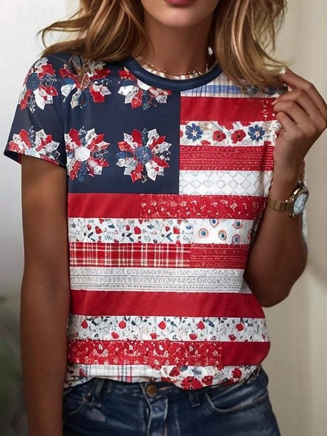 Women's Patriotic T Shirt Graphic Flag American Flag Vintage Stylish Classic Short Sleeve Crew Neck Regular Tops Daily Weekend Print White Red Summer Spring 2025 - $19.99 –P1