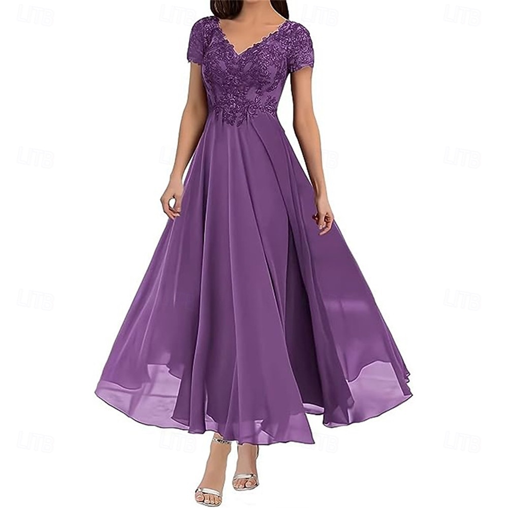A-Linie Brautmutterkleid Elegant V Ausschnitt Bodenlang Polyester Kurzarm mit Einfarbig 2025 2025 - $119.99 –P20