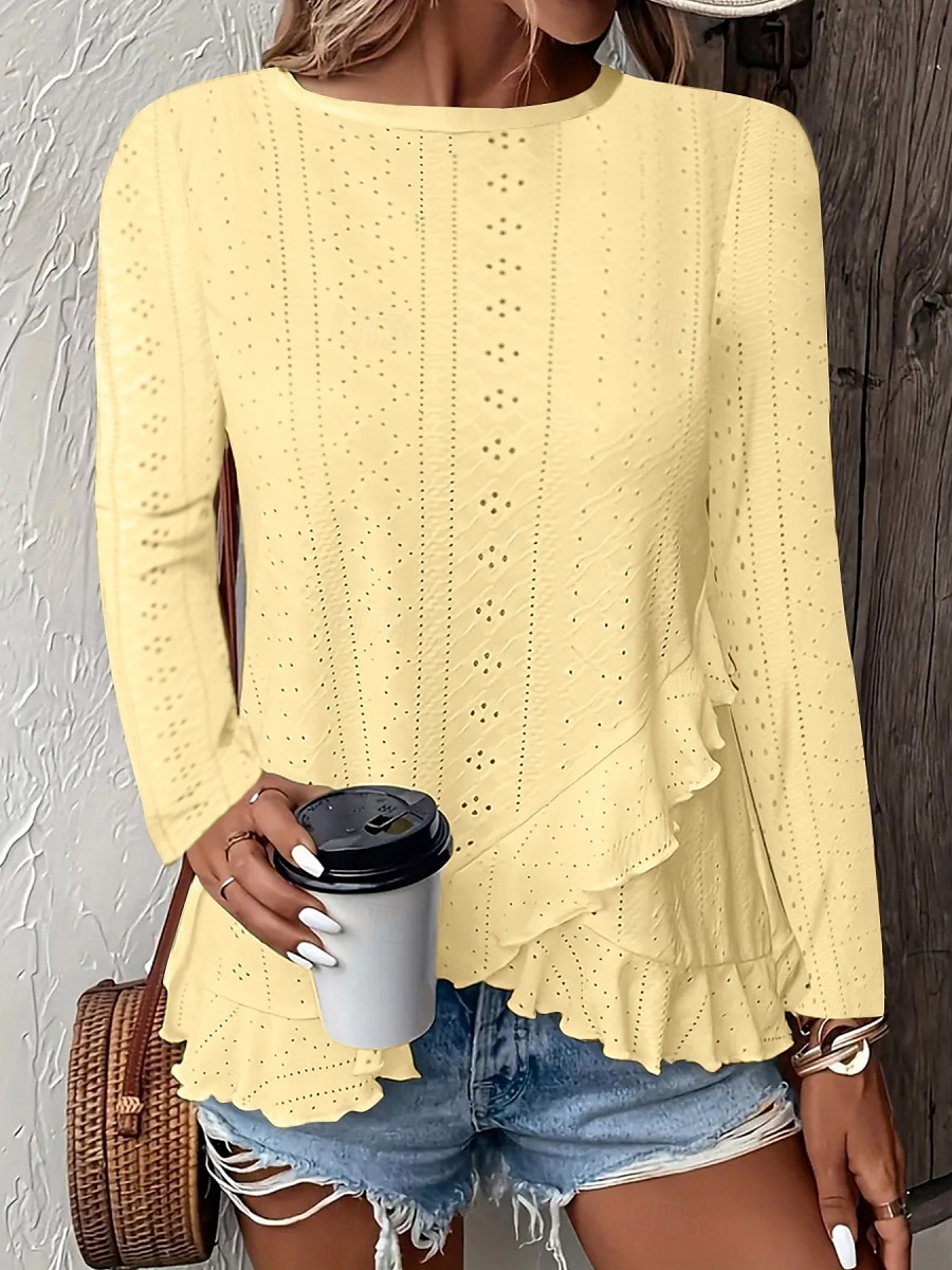 Dame Bluse Helfarge Stilfull Fritid Langermet Crew-hals Vanlige topper Daglig Drapering Snørehull Hvit Gul Blå Grønn Sommer Vår 2025 - $17.99 –P1