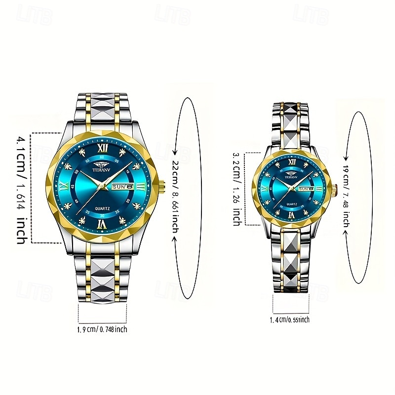 Two Round Roman Dials Set With Water Diamonds Luminous Display Couple Watch Ipx7 Waterproof Quartz Watch Calendar Date Fashionable Stainless Steel Strap Business Watch Suitable For Ladies And Men Dat 2026 - $32.99 –P4