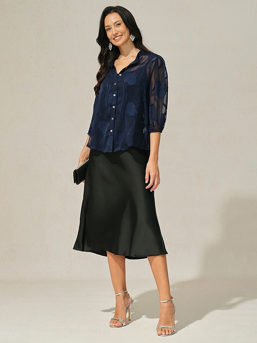 camicetta da donna con bottoni e canotta floreale elegante vintage alla moda mezza manica scollo a V top normali lavoro vacanza per uscire bottoni occhiello blu navy estate primavera autunno del 2025 a $59.99 –P6