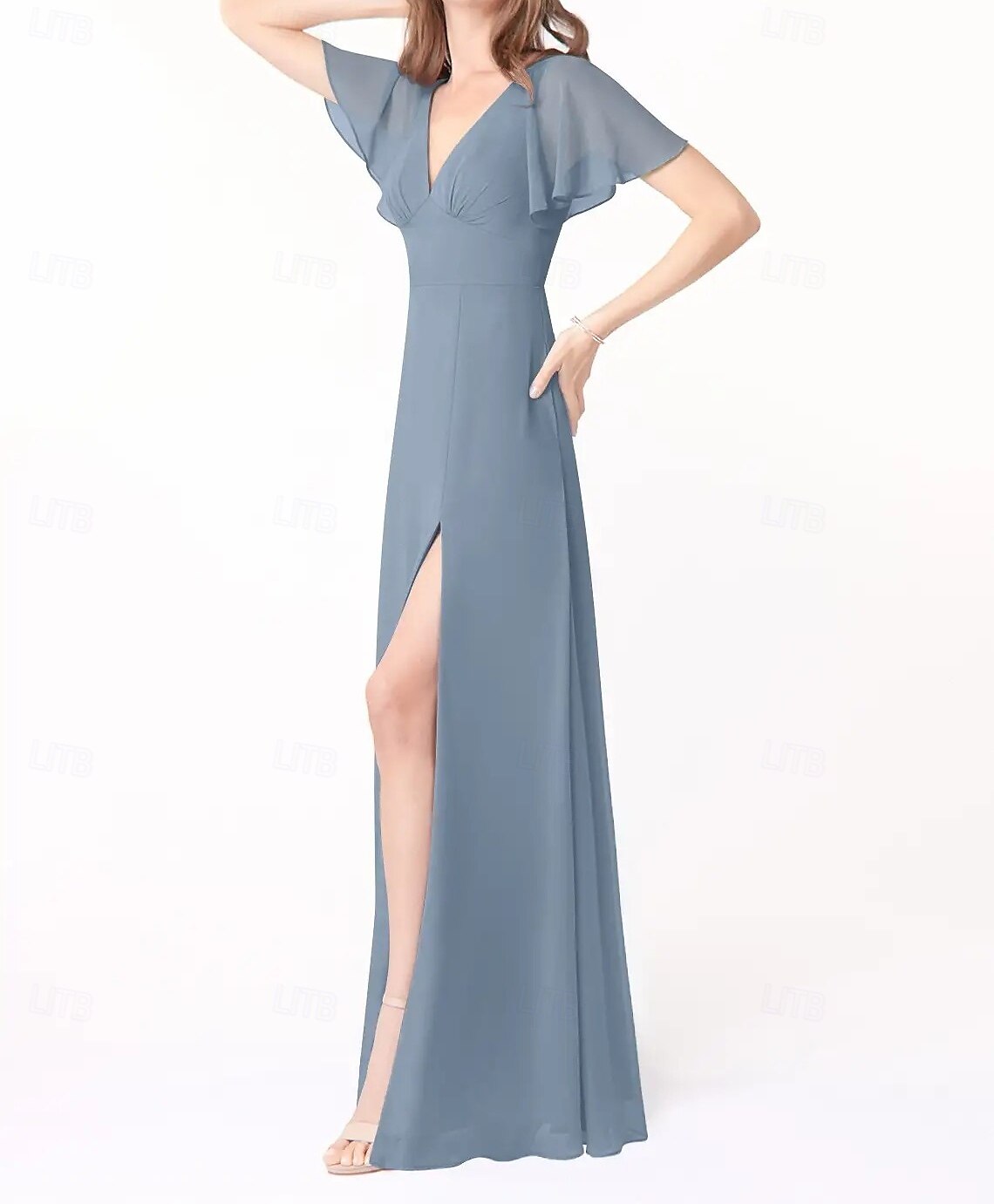 Abito A-Line Damigella d'Onore V Collo Manica Corta Elegante Lunghezza del Pavimento Chiffon con Fessura Frontale/Ruching del 2025 a $151.99 –P3