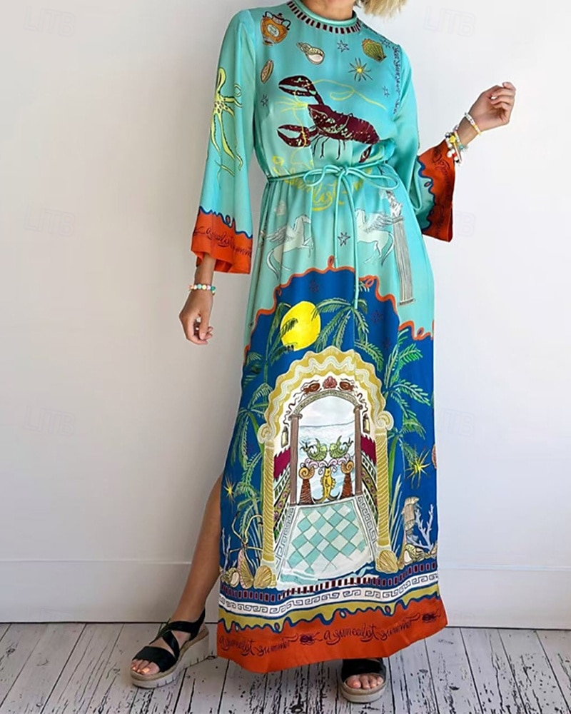 Damen Langes Kleid Maxikleid Baumwoll-Leinen-Kleider Freizeitkleid Mode Outdoor Party Ferien Normale Passform Landschaft Langarm Rundhalsausschnitt Blau Sommer 2025 - $42.99 –P1