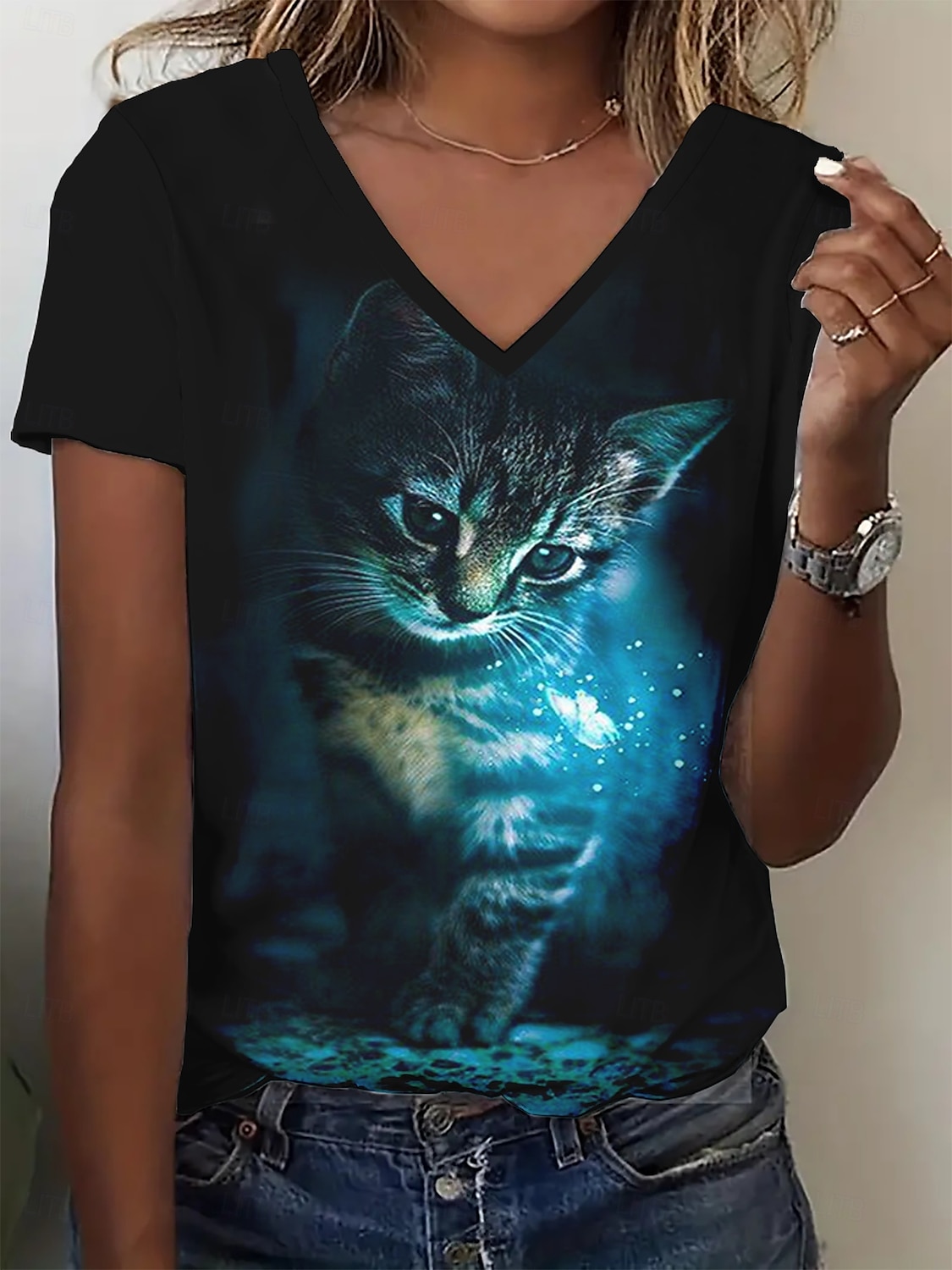Dame T skjorte Sommertopper Grafisk Katt Klassisk Fritid Kortermet V-hals Crop Tops Daglig Helg Trykt mønster Regnbue Sommer Vår Høst 2025 - $14.99 –P1