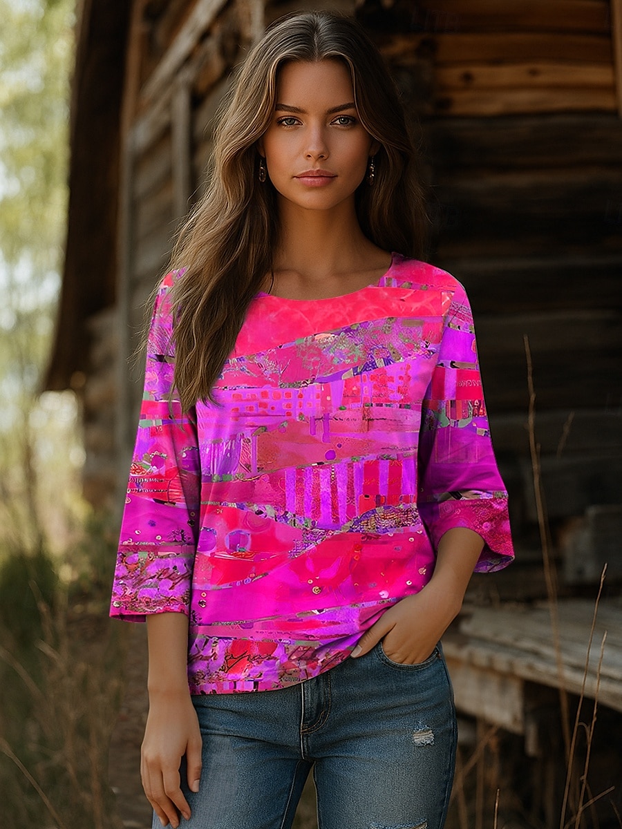 Dame Bluse Grafisk Abstrakt Bohem Årgang Etnisk 3/4 ermer Crew-hals Vanlige topper Daglig Ferieklær Trykt mønster Blå Lilla Oransje Sommer Vår 2025 - $27.99 –P5