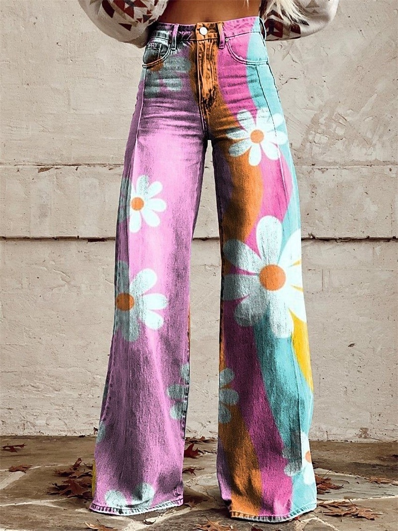 Retro vintage Boho Jaren '70 Broeken Broek met wijde pijpen Hippie Schijf Hoge taille Bloemig Madeliefje Faux Jeans Stijl Kostuum Dames Carnaval Casual / Dagelijks muziekfestival Retro themafeest 2026 - $35.99 –P7