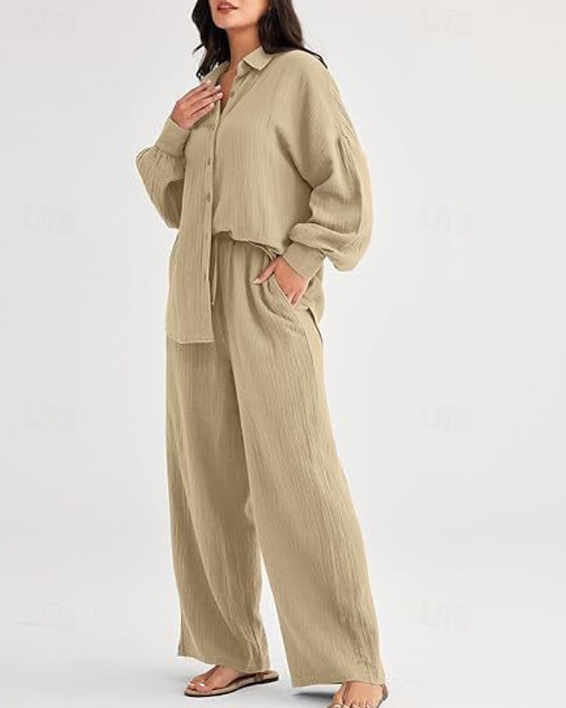 Women's Active Fashion Cotton Linen Shirts Cotton Linen Sets Blouse Long Sleeve Shirt Collar Solid Color Dubbele Rij Knopen Holiday Casual Daily Black Ivory Wine Summer Regular Fit 2025 - $37.99 –P15