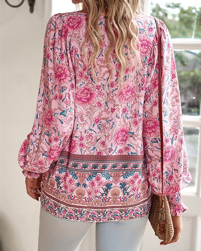 Damen Hemd Boho-Hemd Sommeroberteile Blume Täglich Stilvoll Lässig Langarm V Ausschnitt Normale Oberteile Arbeit Täglich Ferien Druck Rosa Marineblau Blau Frühling Herbst 2025 - $22.99 –P3