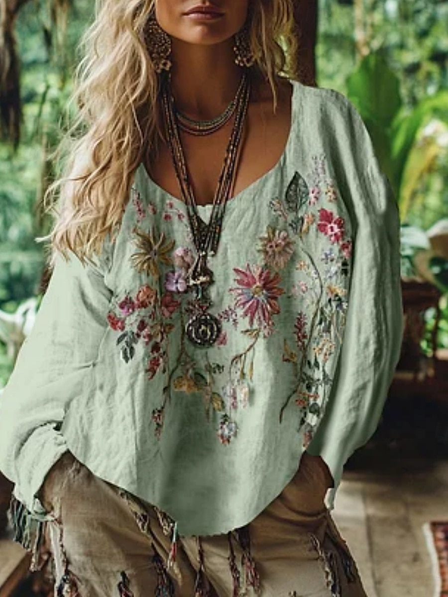 damebluse vestlig bohemsk skjortebluse blomst moderne avslappet langermet v-hals vanlig topper daglig ferie ute trykk hvit rosa blå lilla grønn sommer høst 2025 - $19.99 –P4