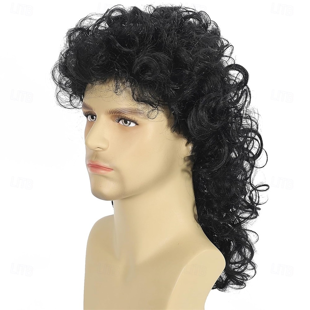 Hnědé kudrnaté mullet paruky pro muže 80. let dlouhé kudrnaté hippie rockové kostýmy cosplay paruka Halloweenské paruky 2025 - $25.99 –P11