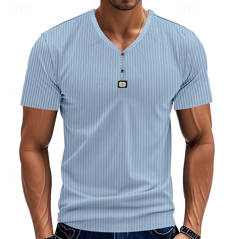 Men's T Shirt Henley Shirt Tee Short Sleeve Shirt Short Sleeve V Neck Summer Plain Fashion Designer Basic Jacquard Vacation Street Going out Black White Khaki Top Tee for Men 2025 - $16.49 –P10