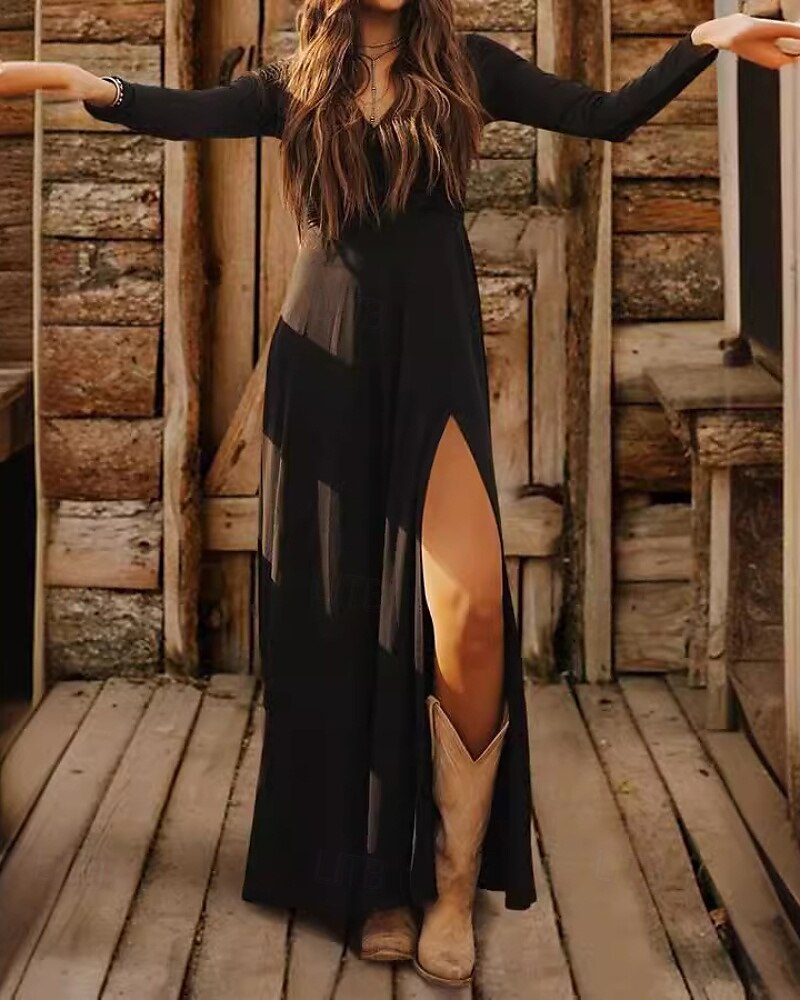 Damen Langes Kleid Maxikleid Freizeitkleid Klassisch Modern Outdoor Urlaub Ferien Normale Passform Einfach Langarm V Ausschnitt Schwarz Sommer 2025 - $22.99 –P1