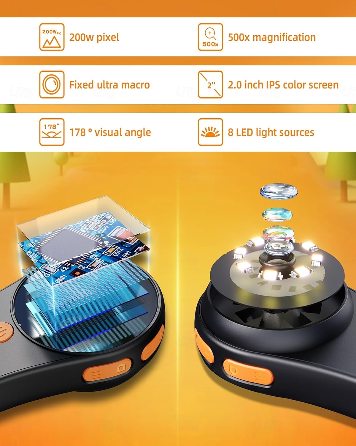 Digital Microscope Handheld 2.0 inch IPS Color Screen,Portable Digital Magnifying Glass 500x,Marco Microscope for Kids,Built-in 8LED Lights,USB Compatible with PC Windows, Mac OS 2025 - $39.99 –P7