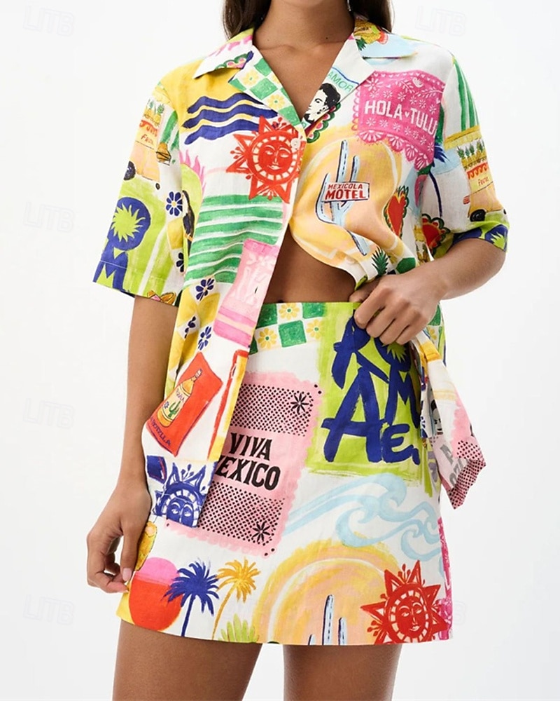 Per donna Moda Streetwear Camicie di cotone e lino Set di biancheria in cotone Set di Pantaloncini Manica Corta Colletto a Camicia pianta Stampato Abbigliamento quotidiano Data Giallo Estate del 2025 a $30.99 –P1