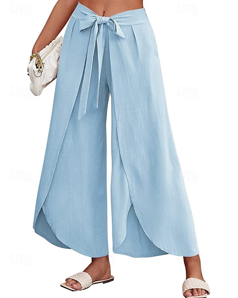 Mujer Pantalones de lino y algodón pantalones Casual Longitud total Cintura Media Plano Cintura elástica Separado Al Aire Libre Cómodo Festivos Ropa Cotidiana Fin de semana Albaricoque PEC Celeste 2025 - $25.99 –P17