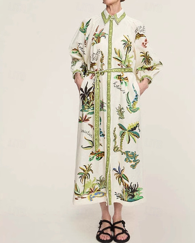 Femmes Robe Longue Maxi Robe Robes en coton et lin Robe Décontractée Mode Extérieur Soirée Fête Coupe régulière Fleur Manche 3/4 Col de chemise Vert Été de 2025 ? $42.99 –P1