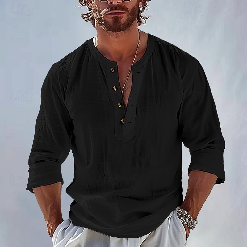 Per uomo Camicia Camicia popover Camicia Estiva Abbigliamento da spiaggia Semplice Vacanza Casuale Nero Bianco Azzurro cielo Albicocca Manica Lunga Colletto alla coreana Primavera & Estate del 2025 a $25.99 –P5