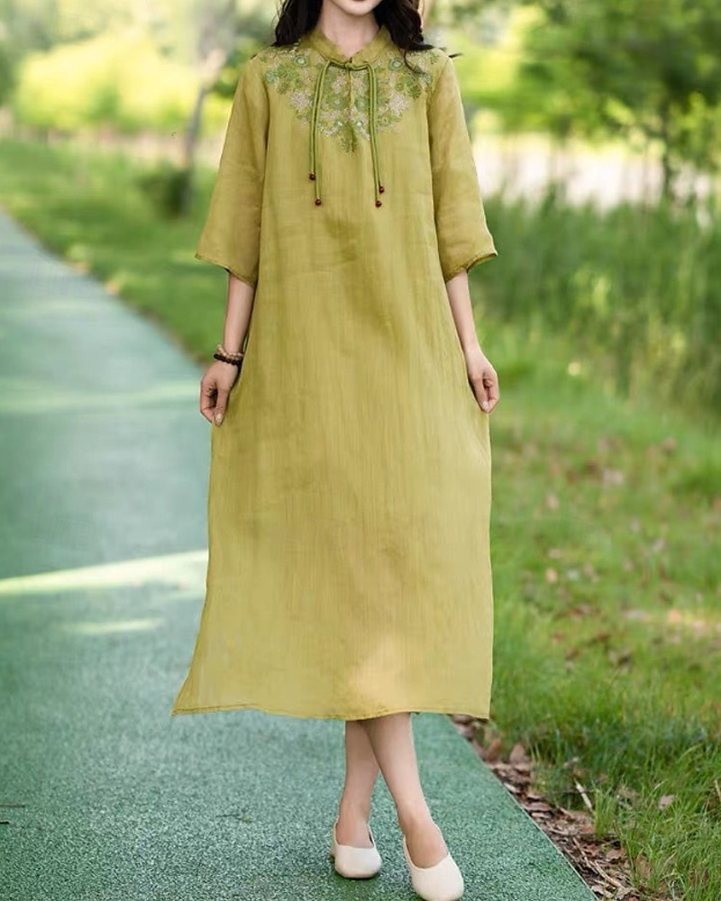 Pentru femei Rochii Midi Rochie din in bumbac Rochie florala Modă Modern Vacanță Zilnic Concediu Fit regulat Floare Manșon Jumate Guler de stand Roz Îmbujorat Albastru piscină Trifoi Caisă Vară 2025 - $28.99 –P1