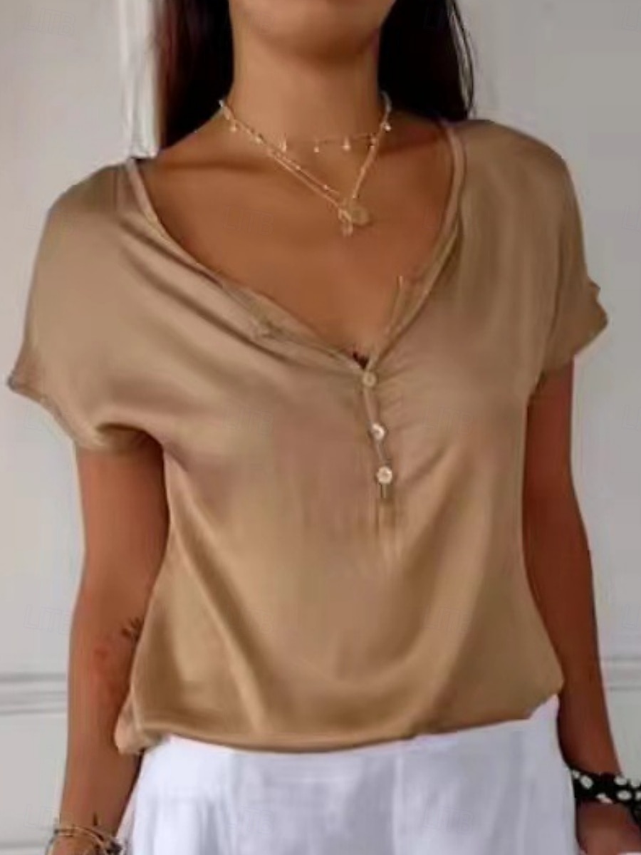 Dames Blouse Effen Kleur Stijlvol Casual Korte mouw V-hals Normale tops Dagelijks Knop Wit Bruin Groen Grijs Zomer 2025 - $16.99 –P1