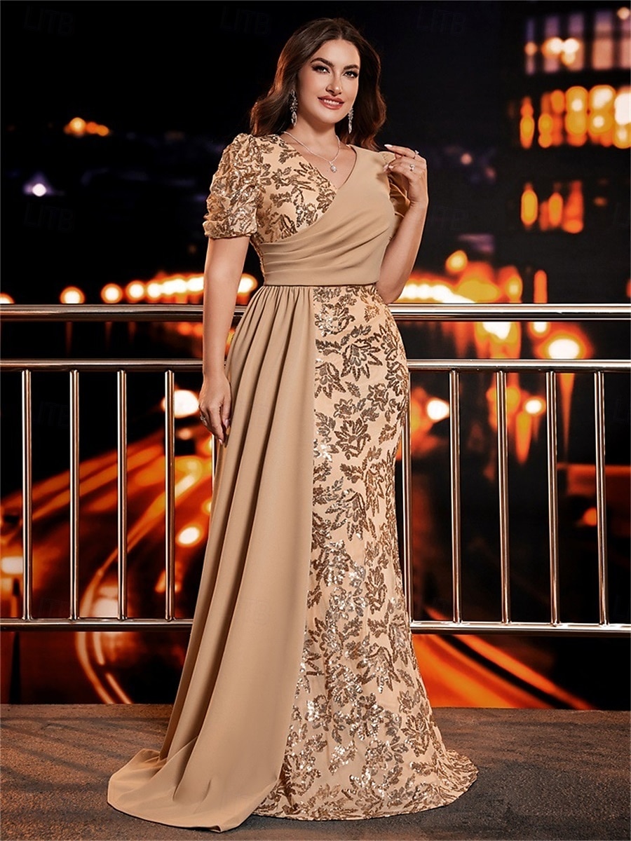 Meerjungfrau Trompete Plus Size Kleider Elegantes Kurvenkleid Formelles Hochzeitskleid Bodenlang Kurzarm V-Ausschnitt Pailletten mit Pailletten 2025 2025 - $169.99 –P13