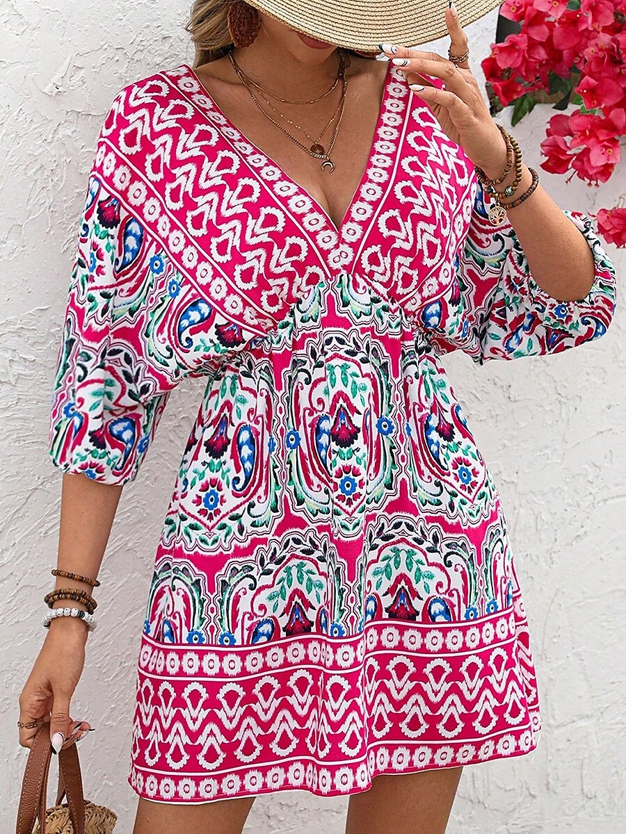 Dam Mini klänning A linjeklänning Semester Ledigt Boho Utomhus Utekväll Normal Blommig Grafisk 3/4 ärm V-hals Fuchsia Sommar Vår 2025 - $23.99 –P2