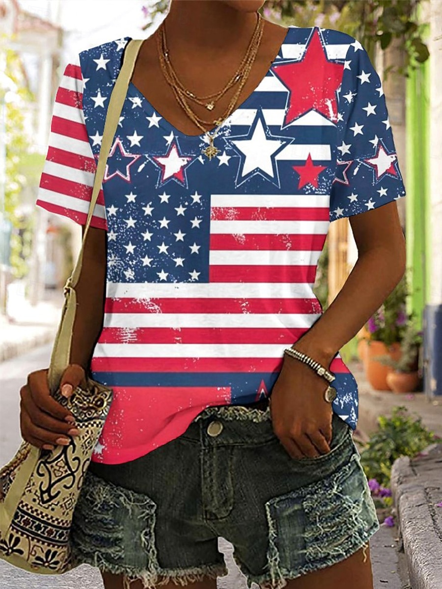 Självständighetsdagen Patriotisk Dam T-shirt Grafisk Flagga Vintage Mode Hawaii Kort Ärmmar V Hals Regular Topp Daglig Utgång Helg Tryck Svart Röd Sommar Vår 2026 - $21.99 –P4