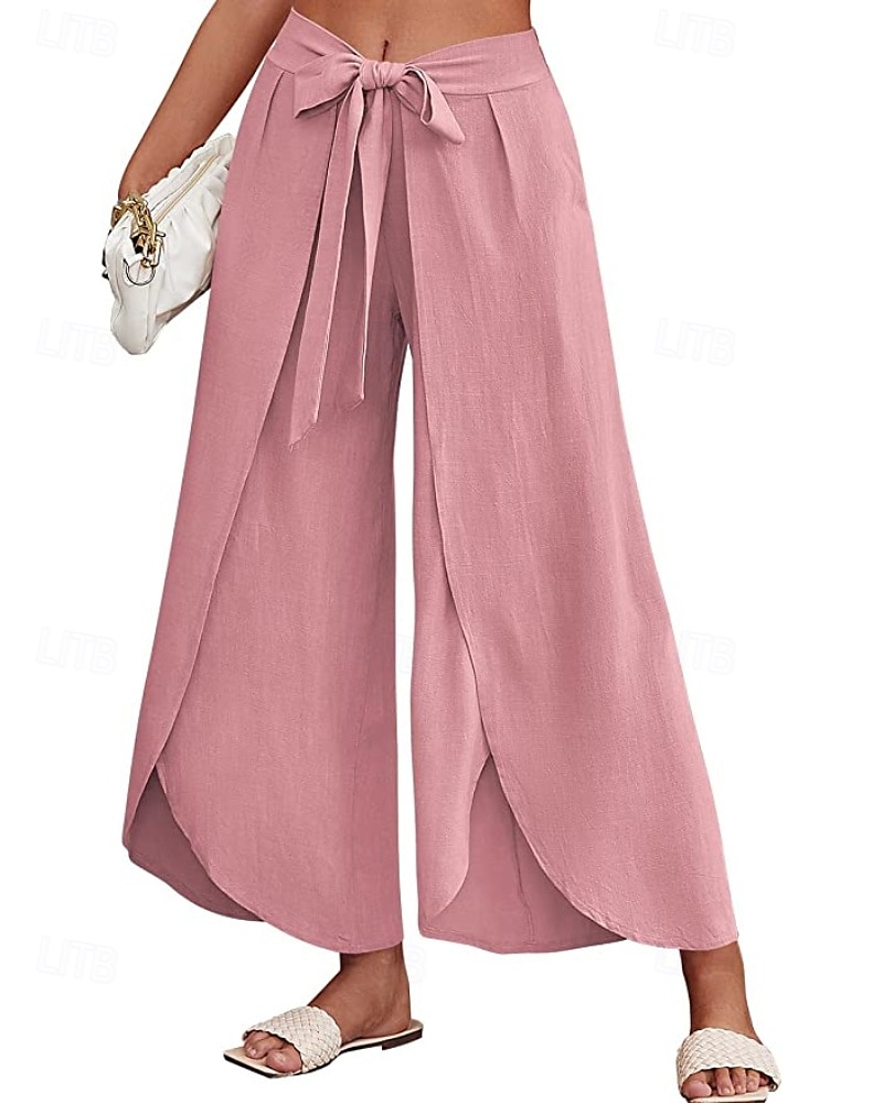 Mujer Pantalones de lino y algodón pantalones Casual Longitud total Cintura Media Plano Cintura elástica Separado Al Aire Libre Cómodo Festivos Ropa Cotidiana Fin de semana Albaricoque PEC Celeste 2025 - $25.99 –P13