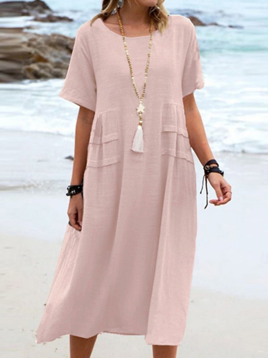 Damen Midikleid Baumwoll-Leinen-Kleider Freizeitkleid Sommerkleid Klassisch Modern Täglich Wochenende Normale Passform Einfach Kurzarm Rundhalsausschnitt Schwarz Gelb Rosa Königsblau Sommer 2025 - $12.49 –P10