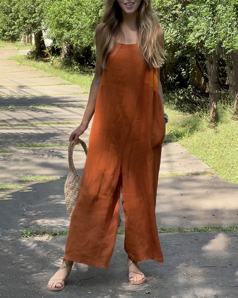 Dámské overaly inspirované lnem, kalhoty, sváteční, jednobarevné, bez rukávů, široké nohavice, kapsy, pouliční, denní, regular střih, bílá, oranžová, zelená, léto 2025 - zł155.99 –P9