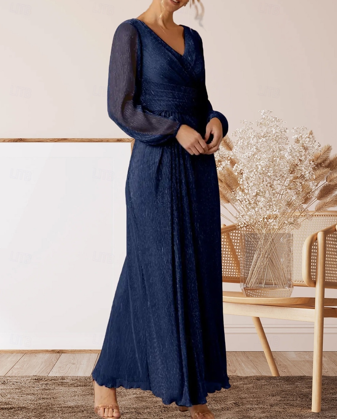Robe Mère de la Mariée A-Ligne Invité de Mariage Élégante Col V Longueur de Sol Chiffon Manches Longues avec Plis Fronces de 2025 ? $160.99 –P3