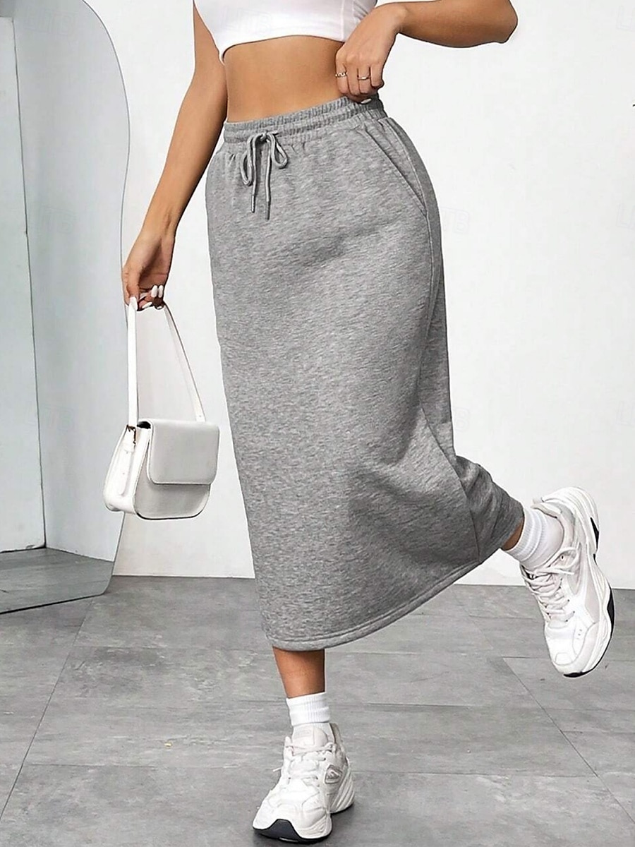 Ženská sukně jednobarevná módní casual maxi sukně s vysokým pasem jednoduše kapsa elastická street denní černá šedá léto polyester 2025 - $17.99 –P5