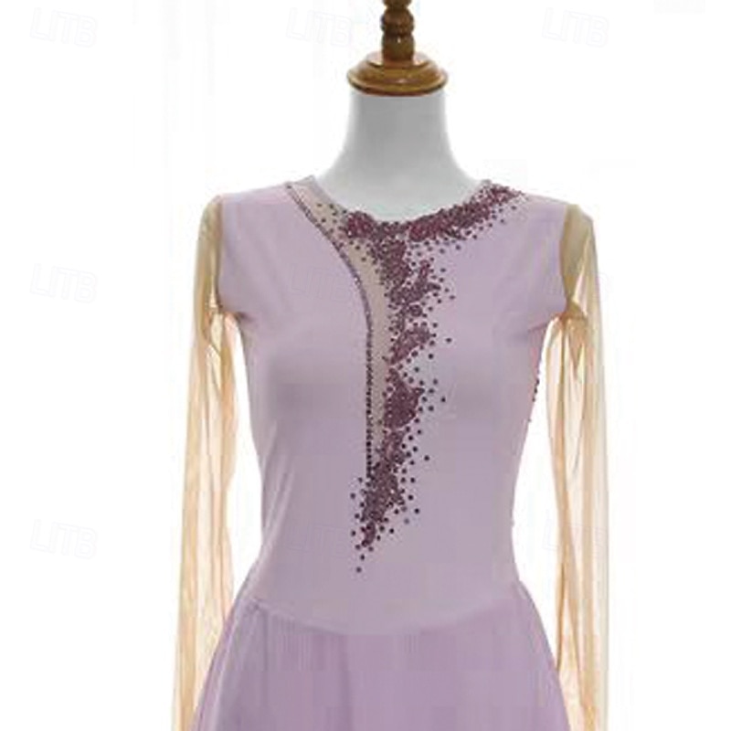 Figure Skating Dress Women's Girls' Ice Skating Dress Light Purple Patchwork Thumbhole Mesh Spandex Stretchy Training Practice Professional Skating Wear Thermal Warm Crystal / Rhinestone Long Sleeve 2026 - $242.39 –P3