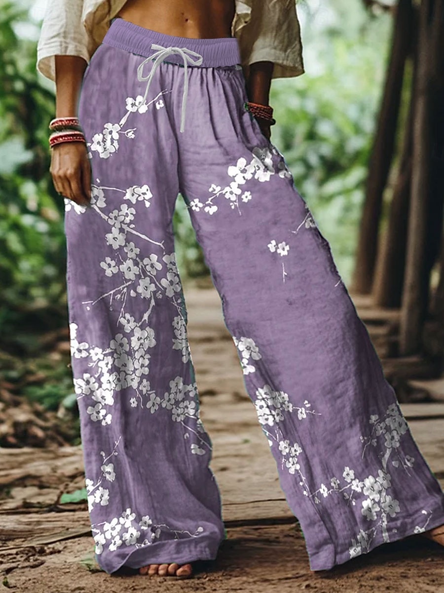 Femmes Jambe large Chinos Pantalons Amples Vacances ancien Mode Longueur complète Taille haute Fleuri Graphique Impression Respirant Doux Micro-Élastique Formel Vacances Rue Violet Vert Gris Ét de 2025 ? $24.99 –P2