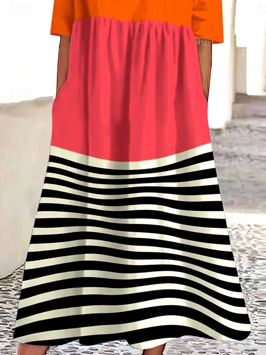 Per donna Abito Midi Abito a trapezio Abito Estivo Vacanza Casual Quotidiano Ferie Vestibilità comoda Grafico Geometrico A righe Mezza Manica Girocollo Rosso Estate del 2025 a $31.99 –P3
