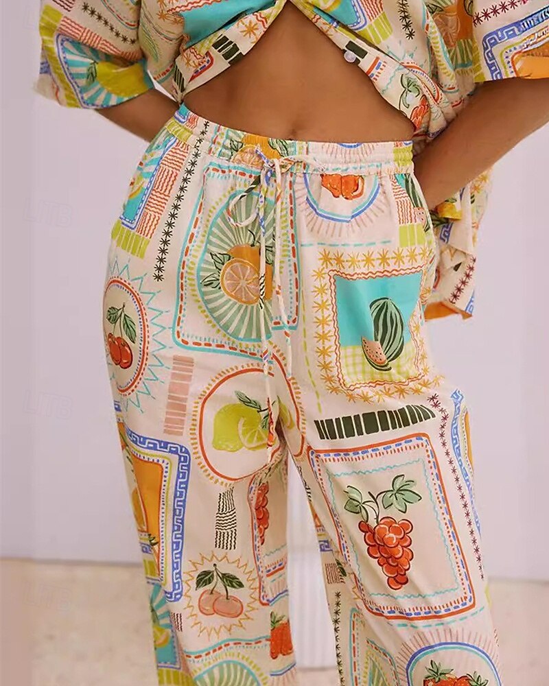 Per donna Moda Streetwear Camicie di cotone e lino Set di biancheria in cotone Set di Pantaloni Manica Corta Colletto a Camicia Frutta Stampato Abbigliamento quotidiano Data Cachi Estate Vestibilit del 2025 a $43.99 –P5