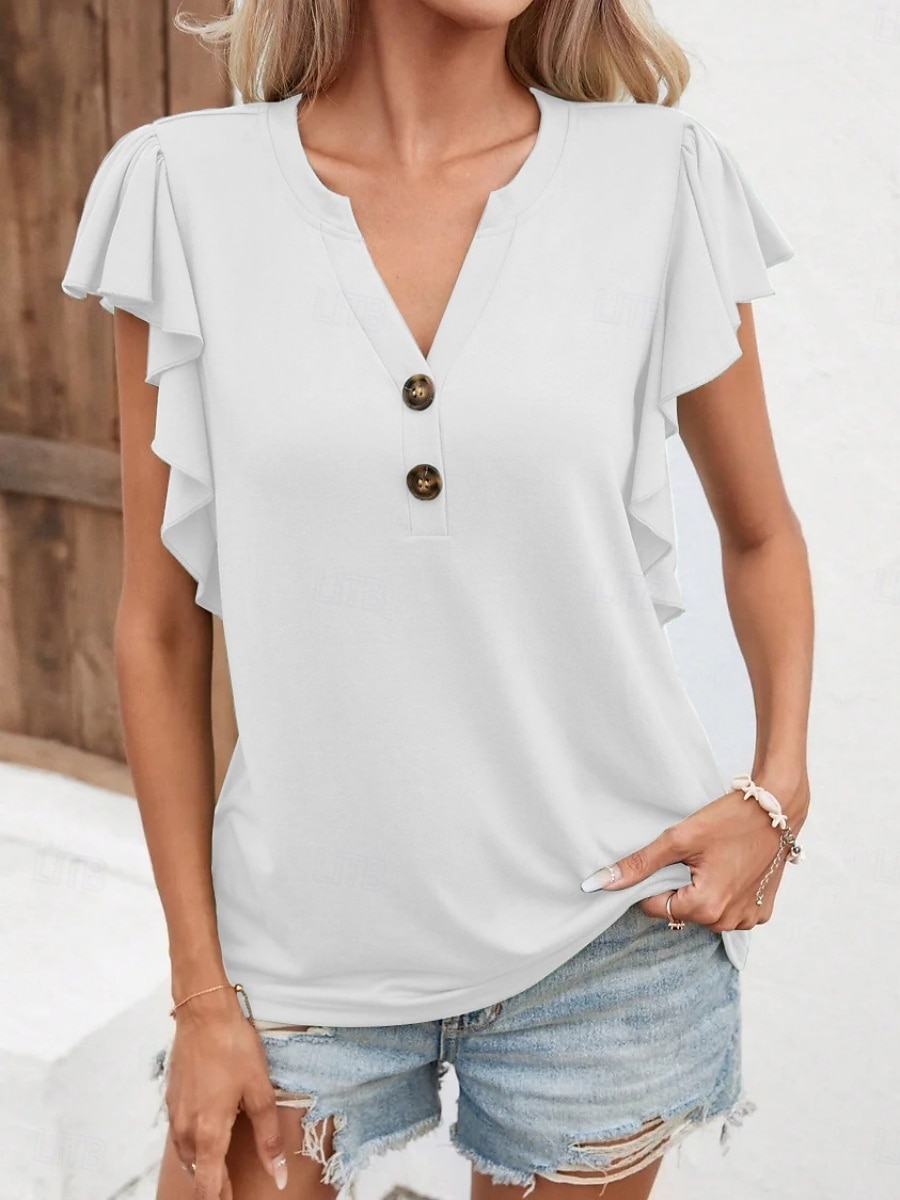 Damen T Shirt Einfach Mode Modern Lässig Kurzarm V Ausschnitt Normale Oberteile Täglich Wochenende Rüsche Knöpfe Weiß Blau Dunkelgrün Grün Grau Sommer 2025 - $13.99 –P6