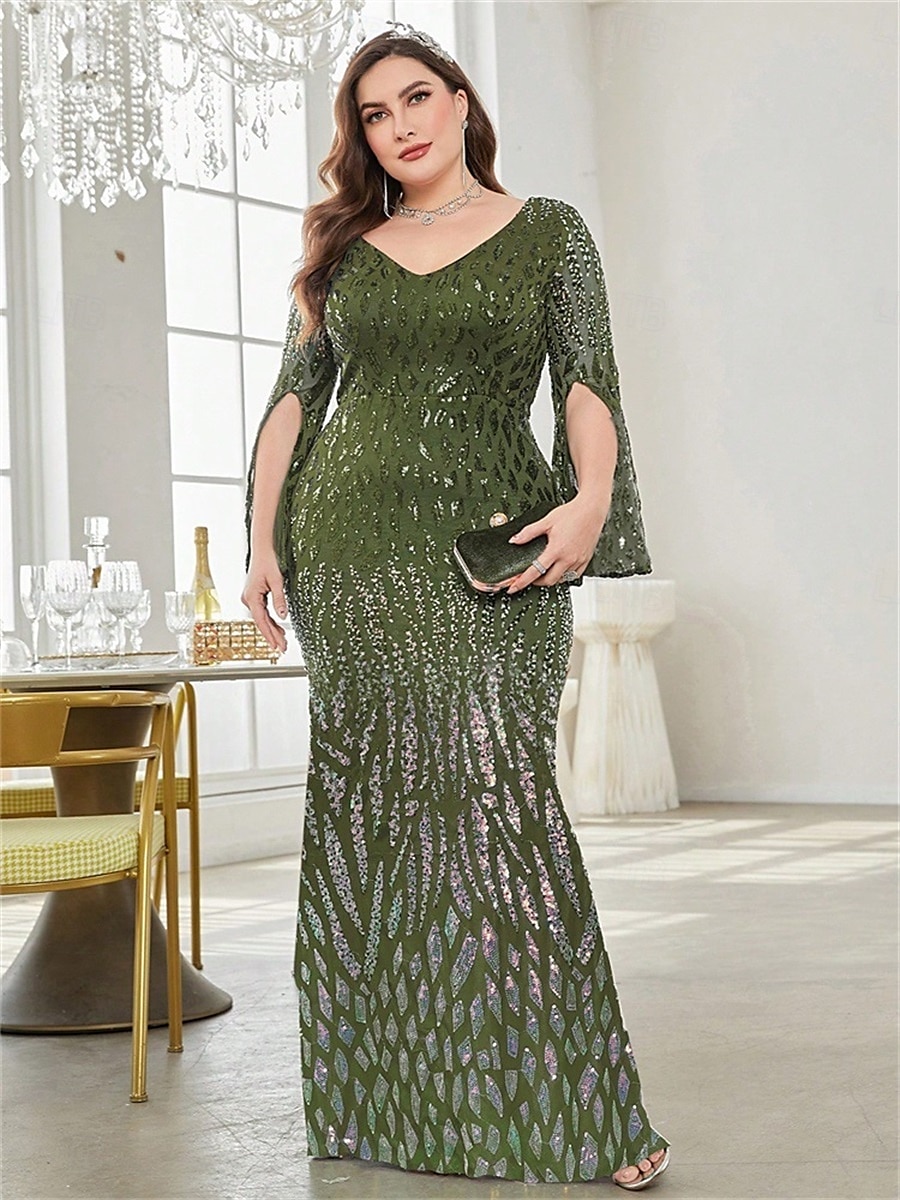 Mermaid / Trumpet Plus Size Dresses Elegant Curve Dress Formal Wedding Floor Length Long Sleeve V Neck Polyester with Sequin 2025 - $119.99 –P20